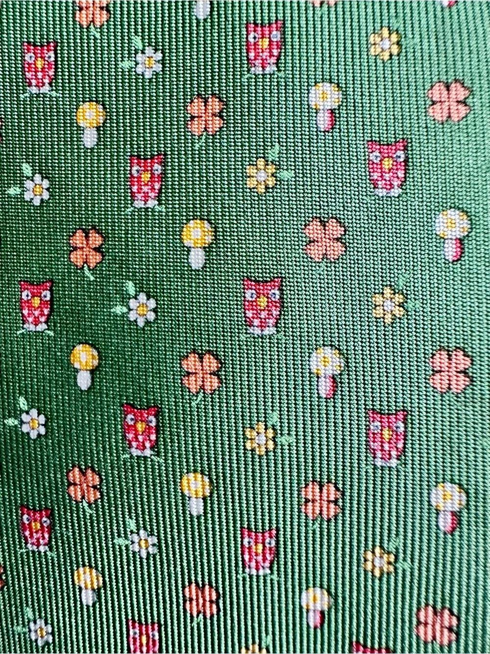 Salvatore Ferragamo Green Tie with Pink and Yellow Owl & Mushroom Micro Motif